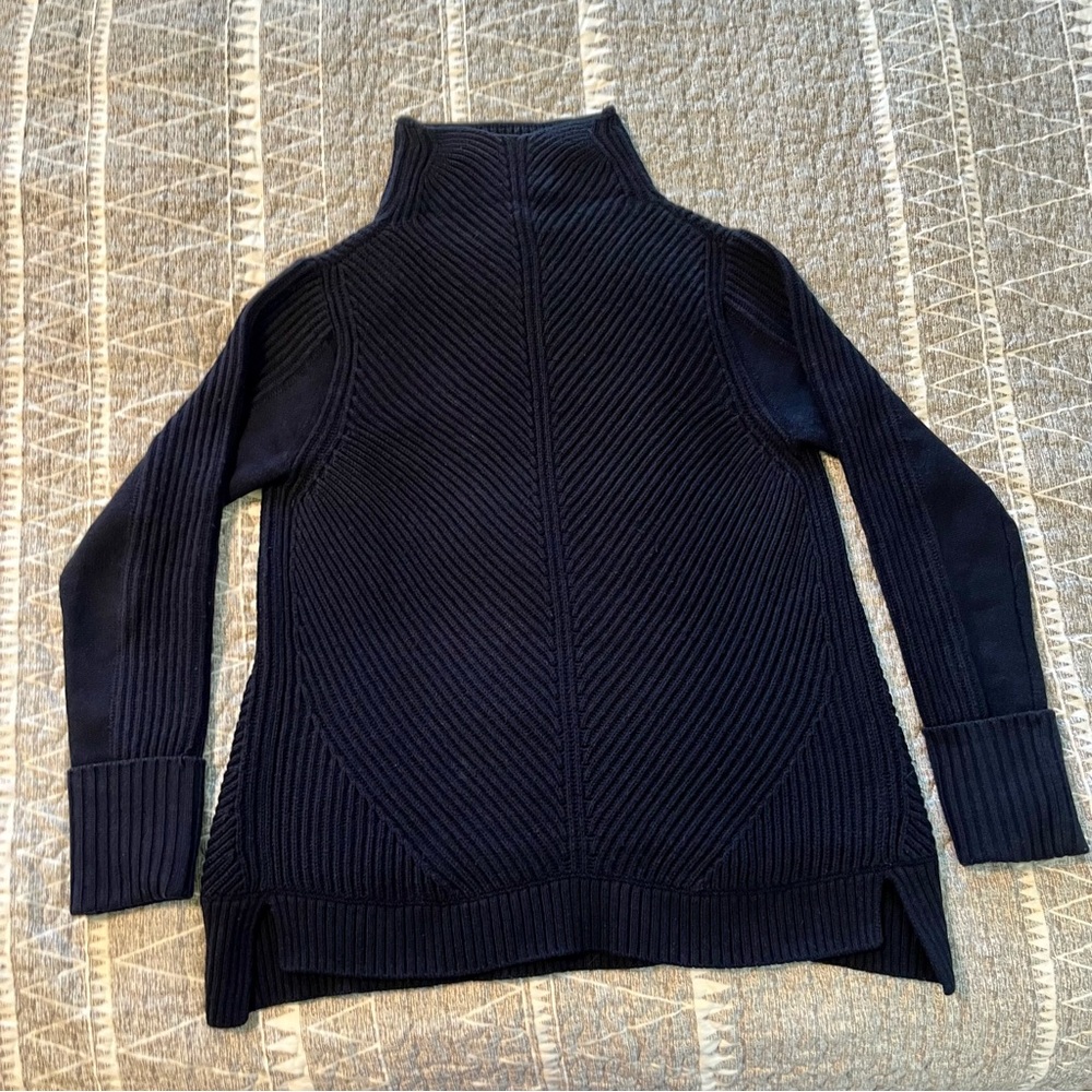 Vince Ribbed Funnel Neck Wool Cashmere Sweater Navy M Side Slit Luxury Knit